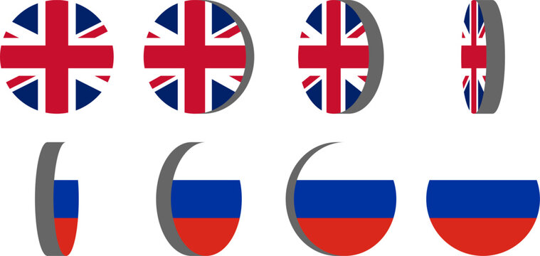 3D Style 8-Frame Sprite Sheet of Rotating Round Circular United Kingdom and Russia Flags for English and Russian Language Selection 2D Animation in Game and App Interface. Vector Image.