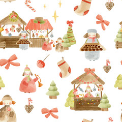 Watercolor Christmas Market Seamless Pattern