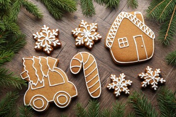 Tasty gingerbread cookies and fir tree branches on wooden table, flat lay