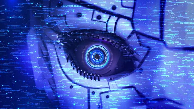 Data processing binary coding Robot eye. online identity Digital interface human eye, technology integration animation. innovation, biometrics cyber futuristic digital transformation, reality 3D 4K - Powered by Adobe