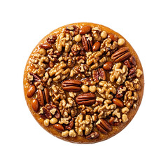 Round nut tart with pecans and walnuts isolated on transparent background