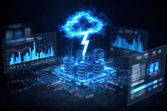 A lightning tech spire initiates a voltage exam while an electric update boosts monitoring charging the database maximizing efficiency and transmitting shock feedback to the storm server