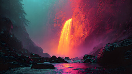 Vibrant Waterfall Glowing Under Rainbow Mist &ndash; Radiant Cascading Waters, Lush Tropical Foliage, and Enchanted Nature Scenery