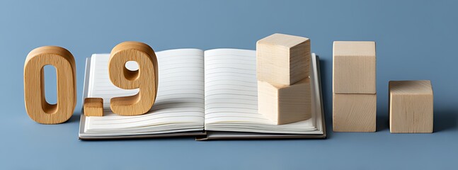 Wooden blocks and an open book display the number 0 9 conceptually