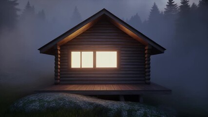 Isolated log cabin glowing in dark foggy coniferous woods at twilight - Powered by Adobe