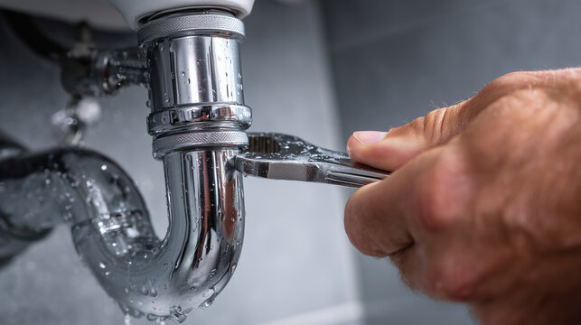 Plumber fixing leaking pipe with wrench under sink