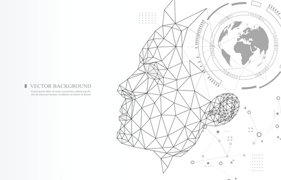 white background artificial intelligence technology.human polygon face concept.global communication data.