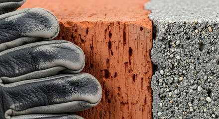 Close up of a brick and cinder block with a gloved hand construction materials