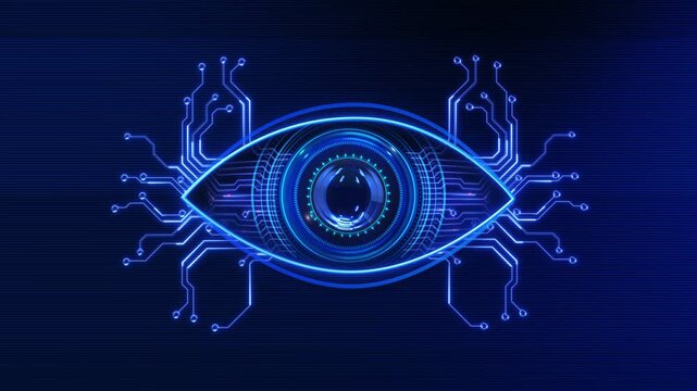 Digital eye technology, featuring blue hues futuristic graphics, symbolizing advanced vision innovation. future technology network. Modern cyberspace innovation. node connection, Business expansion