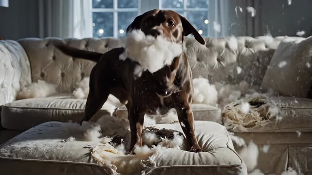 A playful brown dog makes a mess on a couch with stuffing flying everywhere