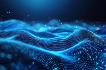 Abstract flowing mesh wave surface with a bright blue light burst. High-speed network data transfer and signal flow. Futuristic technology background illustrating connected ...