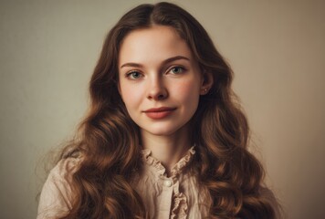 Fototapeta premium Beautiful young woman with long brown wavy hair and fair skin smiling happily against a blurred light beige painterly background