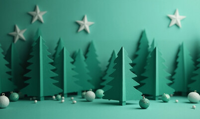Festive green paper trees and ornaments create a whimsical holiday scene against a teal backdrop.