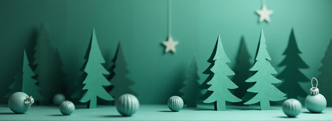 Festive teal scene features paper trees, ornaments, and stars creating a whimsical holiday display.
