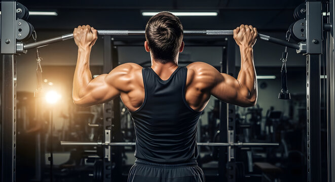 Muscular man performing pullups on a gym machine, showcasing back and arm strength and fitness