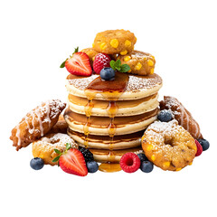 Delicious stack of pancakes with fresh berries and syrup isolated on transparent background
