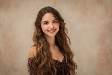 Beautiful young woman with long brown wavy hair and fair skin smiling happily against a blurred light beige painterly background