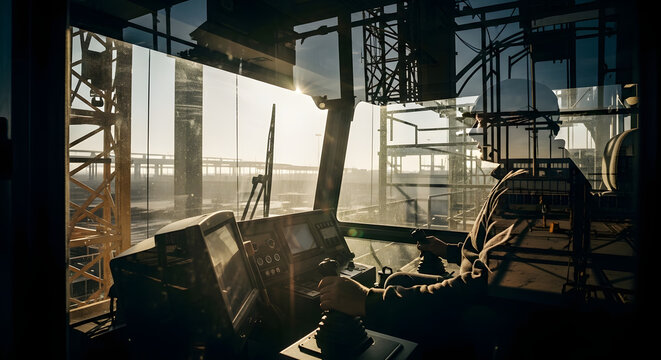 Crane operators cabin with control levers and screens overlooking a construction site at sunset