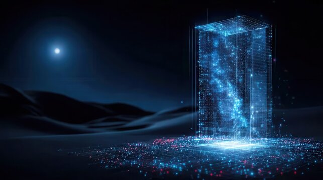 A desert monolith hub conducts a heat exam while a solar update enriches monitoring energizing the database lifting efficiency and transmitting sunlit feedback to the dune server