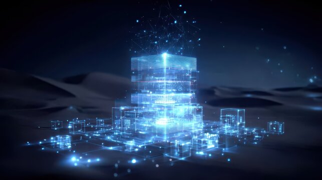 A desert monolith hub conducts a heat exam while a solar update enriches monitoring energizing the database lifting efficiency and transmitting sunlit feedback to the dune server