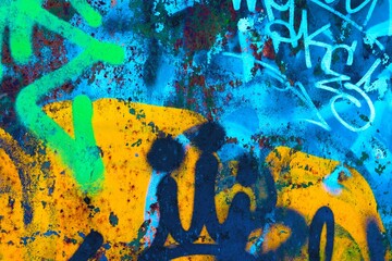 Vibrant graffiti texture in neon blue, yellow, green, red. 90s urban style, fluorescent glow, street art vibe. Flyers, digital art, vibrant posters, modern urban visuals.