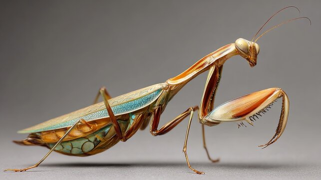 Intricate macro detail of a praying mantis showcasing its vibrant colors and delicate structure in a studio setting
