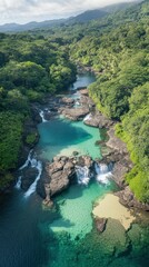 Lush green jungle meets clear turquoise water with gentle waterfalls flowing over dark rocks into a serene natural pool.