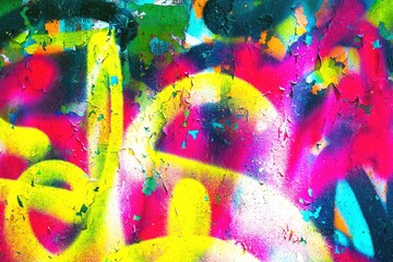 Vibrant graffiti art in neon pink, yellow, blue with peeling texture. 90s street style, urban, grunge. Posters, backgrounds, creative banners, digital art, modern 90s, 2000s, Y2K visuals.