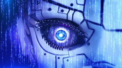 Cyber Digital robot glowing eye Artificial intelligence. Sci fi science fiction cinematic. Eye scanner. cyber eye circuit board future technology Developer working program codes office. Source code. - Powered by Adobe