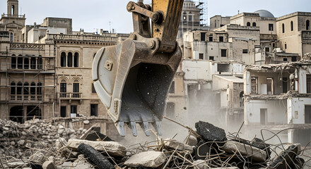 Demolition of Historic Buildings by Heavy Machinery Urban Development Concept