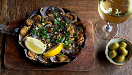 A savory skillet of freshly steamed clams garnished with parsley and a lemon wedge, paired with a glass of white wine and olives on a rustic wooden board