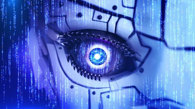 Cyber Digital robot glowing eye Artificial intelligence. Sci fi science fiction cinematic. Eye scanner. cyber eye circuit board future technology Developer working program codes office. Source code.