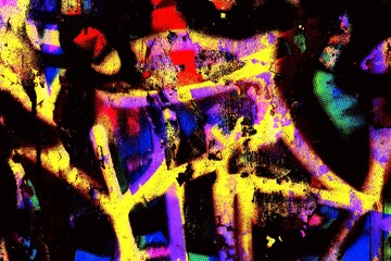 Vibrant abstract neon yellow, purple, blue graffiti poster. Urban 80s, 90s style, fluorescent chaotic texture. Retro halftone grunge street art, creative digital design, modern 2000s, Y2K visuals.