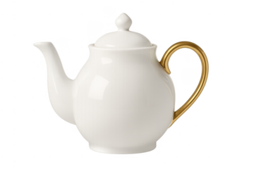 White porcelain teapot with gold handle and transparent background