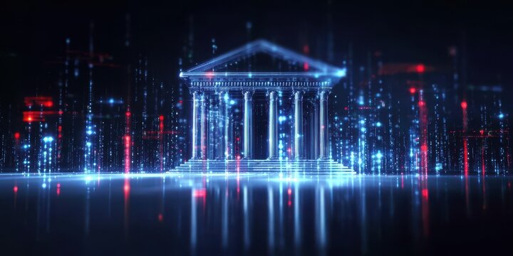 A futuristic mint facility runs a currency exam while a value update sharpens monitoring reinforcing the database maximizing efficiency and pushing economic feedback into the finance server