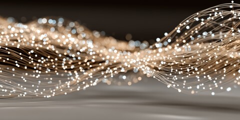 Golden fiber wave motion with luminous particles and modern soft gradient lighting for elegant tech branding visuals.

