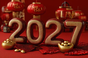 Golden 2027 numbers for Chinese New Year celebration with red decor and lanterns