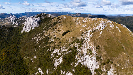 Aerial Panorama of Pag Island and Pag Bridge, Croatia – Dramatic Adriatic Seascape, Rugged Mountain Terrain and Crystal-Blue Coastline from Drone View
