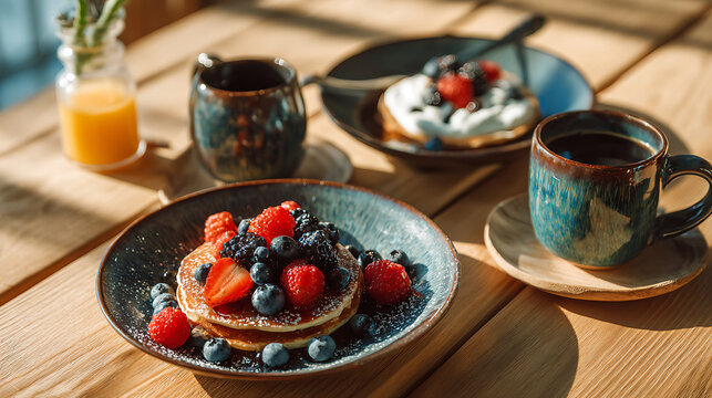 Cozy breakfast for two with berry topped pancakes and coffee on a rustic wooden table in warm morning light