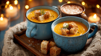 Cozy Candlelit Table for Two with Creamy Pumpkin Soup in Blue Ceramic Mugs and Homemade Croutons