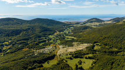 Fototapeta premium Aerial Panorama of Pag Island and Pag Bridge, Croatia – Dramatic Adriatic Seascape, Rugged Mountain Terrain and Crystal-Blue Coastline from Drone View