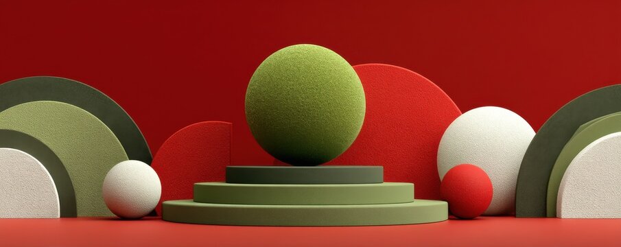 Abstract geometric composition with layered arches, spheres, and circular platforms in green and red