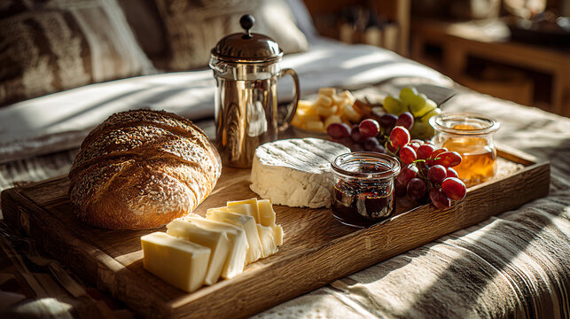 Cozy breakfast for two on a wooden tray with fresh bread cheese grapes and jam in warm sunlight