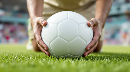 Hands Holding Soccer Ball on Field: A close-up shot of hands tenderly cradling a soccer ball, set against the vibrant green of the field, inviting viewers to the thrilling sport and game