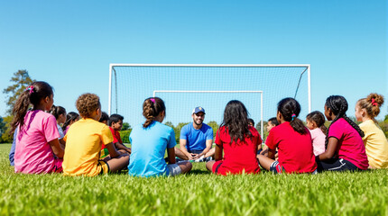 Team huddle: A group of children sits in a circle with a coach on a soccer field, engaged in a team huddle under a bright blue sky, the goal post in the background.