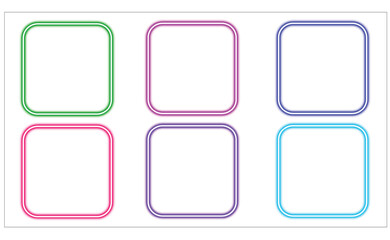 Six rounded square neon frames in green pink blue purple on white border