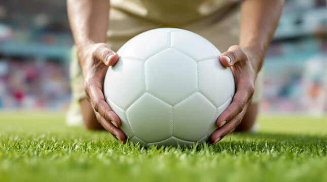 Hands Holding Soccer Ball on Field: A close-up shot of hands tenderly cradling a soccer ball, set against the vibrant green of the field, inviting viewers to the thrilling sport and game