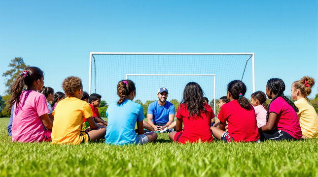 Team huddle: A group of children sits in a circle with a coach on a soccer field, engaged in a team huddle under a bright blue sky, the goal post in the background.