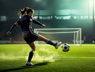 Dynamic Strike: A female soccer player showcases power and precision as she kicks the ball towards the goal in a dramatic display of athleticism.