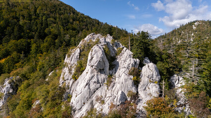 Aerial Panorama of Pag Island and Pag Bridge, Croatia – Dramatic Adriatic Seascape, Rugged Mountain Terrain and Crystal-Blue Coastline from Drone View